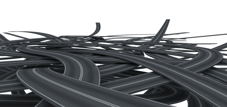 Tangled black roads. doubts about which way to go concept. 3d rendering png