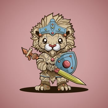 Cute Lion King Of Animal Warrior With Sword And Armor Vector Illustration Artwork Character Design