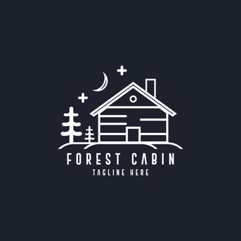 Traditional Forest Wooden House, Village Cabin Cottage with Pine Evergreen Fir Trees for Adventure Outdoor Holiday Camp logo design vector