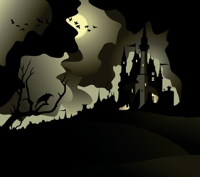 Old castle on a mountain, moon and the birds turn vector