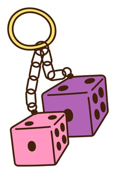 Cute doodle keychain with dice from the collection of girly stickers. Cartoon color vector illustration.