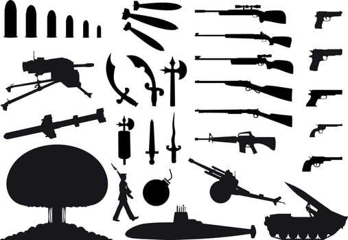 Silhouettes of the various weapon and engineering. A vector illustration