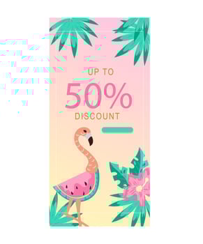 Social media stories summer sale banner with flamingo and tropical leaves. Background template for social media stories and posts, flat vector illustration.