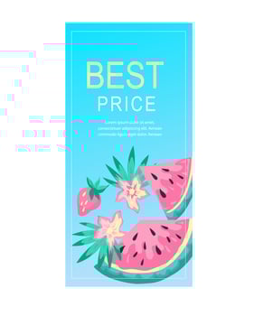 Summer sale banner background for social media stories publication with watermelon and tropical leaves. Template for social media stories and posts of summer ad, flat vector illustration.