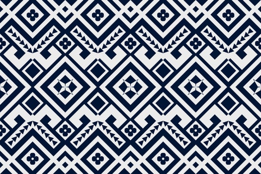 Dark blue and white geometric ethnic seamless pattern design for wallpaper, background, fabric, curtain, carpet, clothing, and wrapping. vector