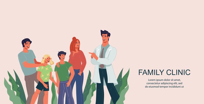Family clinic web banner or flyer template with doctor advising family members. Landing page for medical clinic and family doctor office, flat vector illustration.