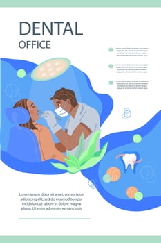 AdobeDental office flyer or leaflet template with patient undergoes oral health exam in dentistry. Dental clinic poster or banner flat vector illustration.
