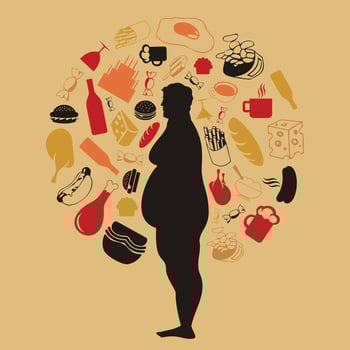 Harmful products of food round the fat man. A vector illustration