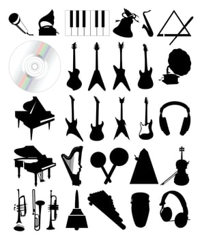 Collection of silhouettes of musical instruments. A vector illustration