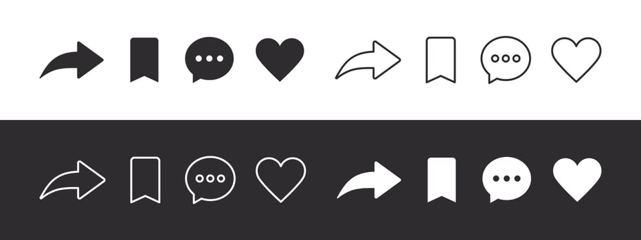 Social network signs set. Like, comment, share and save icons. Social media functional icons. Vector images