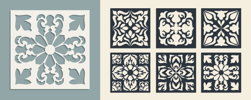Big set of square Vintage Laser Cut pattern with baroque ornament. Vector Stencil Template for cnc cutting, decorative panels of wood, metal, paper, plastic