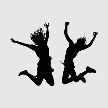 two Girls jumps in the air silhouette, fun, happy, success, feel free, music concert, exited woman clip art. vector