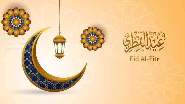 realistic Eid Al-Fitr background with moon, lantern, mandala and arabic calligraphy in gold and blue color. islamic vector illustration