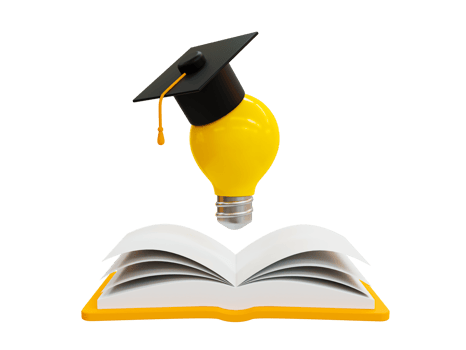 3d minimal graduation concept. Graduated with bachelor degree. Selfeffort. Light bulb with graduation cap on top of a book. 3d rendering illustration. png