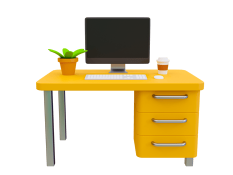 3d minimal Workplace. office desk compositions. desk, and blank screen computer. 3d rendering illustration. png