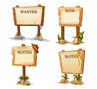 Western wood signs, cartoon wanted wooden boards vector