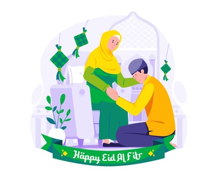 Happy Ramadhan and Eid Mubarak. Muslim man apologizing to his mother. A tradition of Eid al-Fitr. Vector illustration in flat style