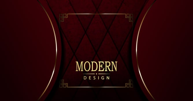 Red textured design, round frames on the sides with a gold tone border. vector