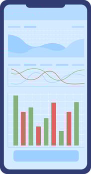 Mobile phone with stock charts semi flat color vector object. Investor app. Editable element. Full sized icon on white. Simple cartoon style spot illustration for web graphic design and animation