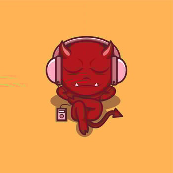cute cartoon devil listening music with headphone vector
