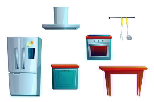 Kitchen furniture, cartoon interior creating set vector