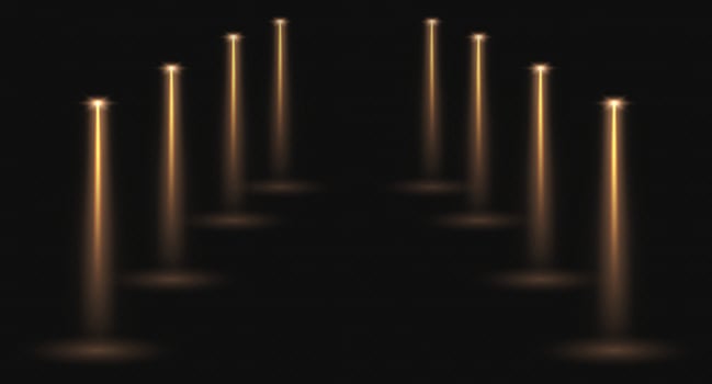 Stage spotlights, realistic light corridor, shiny yellow beams overlay effect for music stage or awards nomination vector