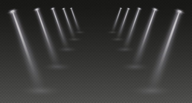 Stage spotlights, realistic light corridor, shiny white beams overlay effect for music stage or awards nomination vector