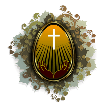Easter egg with hands and a cross in a gold frame with a green wreath of leaves. png