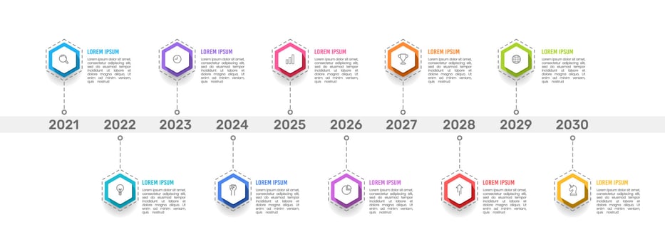 Infographic timeline hexagon 10 years. 10 years anniversary. Vector illustration.