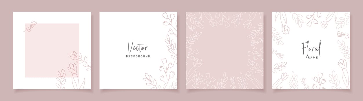 Minimalist abstract backgrounds in pink color with hand drawn line floral elements. Vector design templates for postcard, poster, business card, flyer, magazine, social media post, banner.