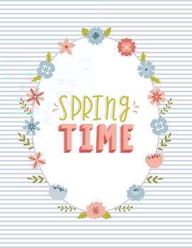 A card with an oval frame with simple cute spring flowers, leaves and twigs and a hand-drawn phrase - Spring time. Color flat cartoon vector illustration on striped background
