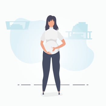 Full length pregnant woman. Well built pregnant female character. Banner in blue colors for your design. Vector illustration in cartoon style.