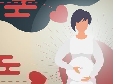A pregnant girl holds her hands on her stomach. Banner or postcard for you. . vector
