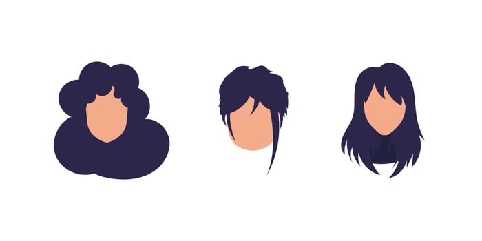 Set of faces of girls with different hairstyles. Isolated on white background. Flat style. vector