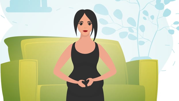 A pregnant woman holds her belly with her hands. Natural background with room. illustration. vector