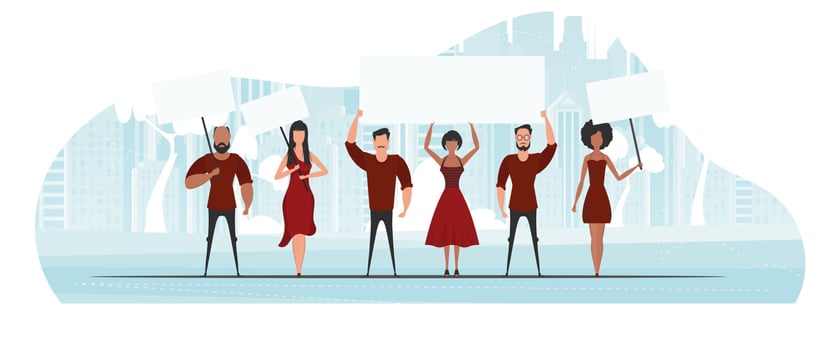 A group of people came out to protest. Banner in blue tones. illustration in a flat style. vector