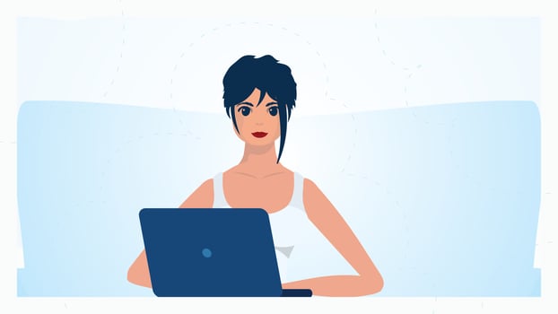 The girl works behind a laptop The concept of work, education and shopping. Cute illustration in flat style. vector