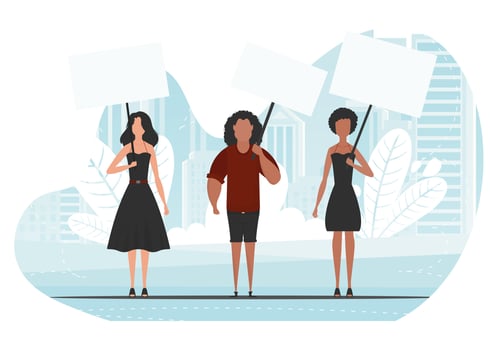 A group of people came out to protest. Banner in blue tones. in cartoon style. vector