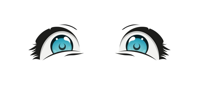 Happy anime style big blue eyes with sparkles. Hand drawn illustration. Isolated on white background. vector