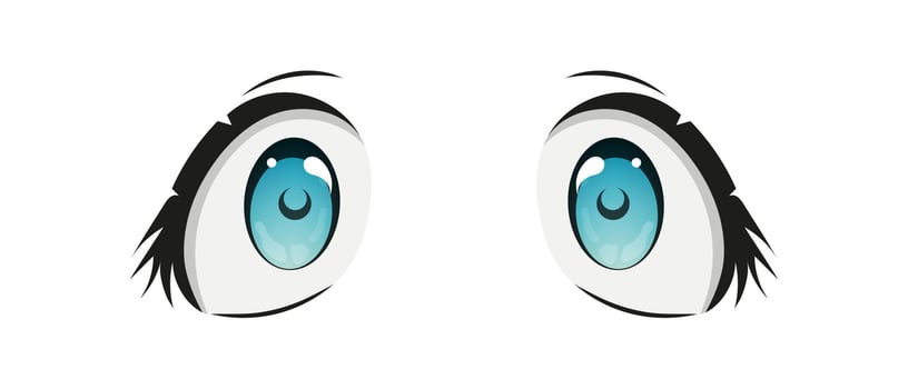 Happy anime style big blue eyes with sparkles. Hand drawn illustration. Isolated on white background. vector