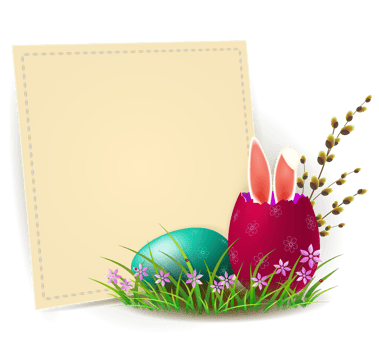 A square beige frame with Easter eggs, a willow branch, rabbit ears and text. Design element. png