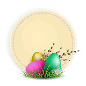 Composition of light color with a round frame and a set of Easter eggs and a willow branch, a postcard. png