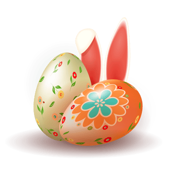 Composition of golden hue with two Easter eggs and bunny ears, postcard. png