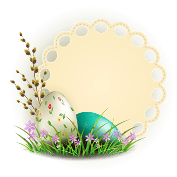 Easter composition with eggs, a round figured frame, a grass and flowers, a design element. png