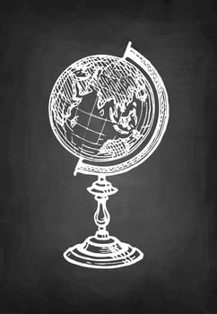 Globe. Vintage object. Chalk sketch on blackboard background. Hand drawn vector illustration. Retro style.