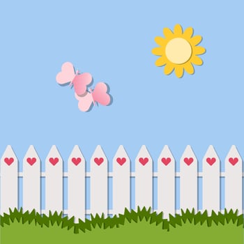 Love postcard paper cutout vector illustrations. White fence with green grass and butterflies on blue sky and the sun background