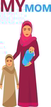 Happy Muslim Family of Mom and Children. Arab Family Four People, Arabic mother Two Children Flat Vector Illustration - Vector.