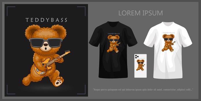 T shirt design featuring a teddy bear playing bass, complete with mockup. vector