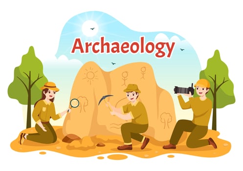 Archeology Illustration with Archaeological Excavation of ancient Ruins, Artifacts and Dinosaurs Fossil in Flat Cartoon Hand Drawn Templates vector