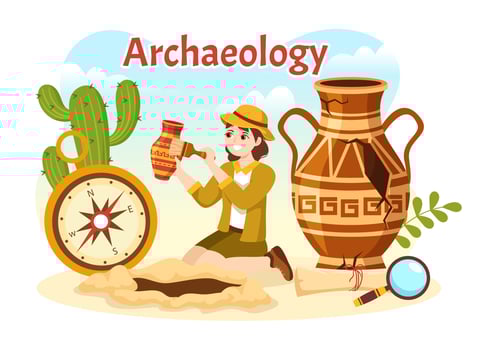 Archeology Illustration with Archaeological Excavation of ancient Ruins, Artifacts and Dinosaurs Fossil in Flat Cartoon Hand Drawn Templates vector